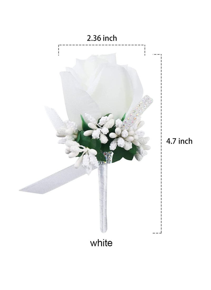 SYOSI Handmade White Rose Boutonniere Corsage for Wedding, Prom, Banquet, Handmade Rose Groom Groomsman Boutonniere with Pin and Clip (4pcs, White)  - Image 4