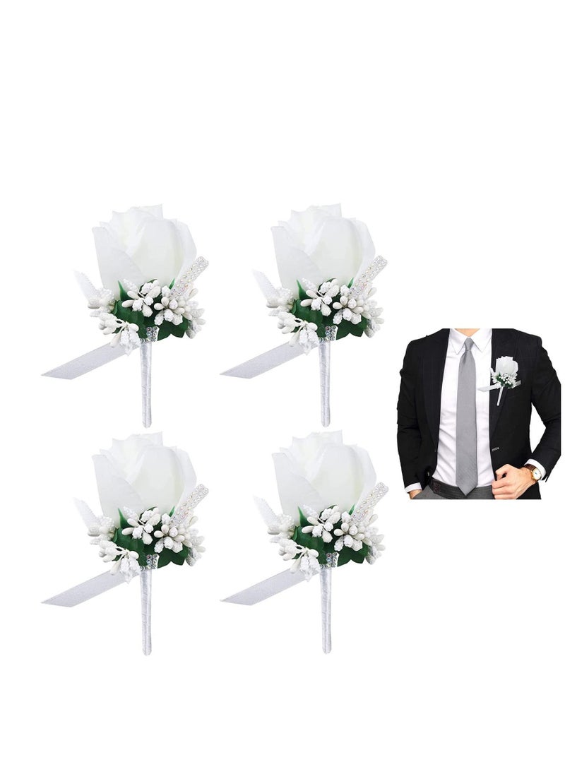SYOSI Handmade White Rose Boutonniere Corsage for Wedding, Prom, Banquet, Handmade Rose Groom Groomsman Boutonniere with Pin and Clip (4pcs, White)  - Image 1