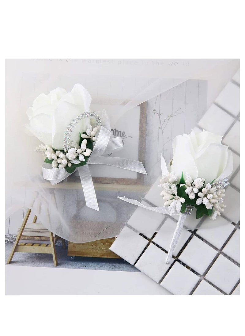 SYOSI Handmade White Rose Boutonniere Corsage for Wedding, Prom, Banquet, Handmade Rose Groom Groomsman Boutonniere with Pin and Clip (4pcs, White)  - Image 2
