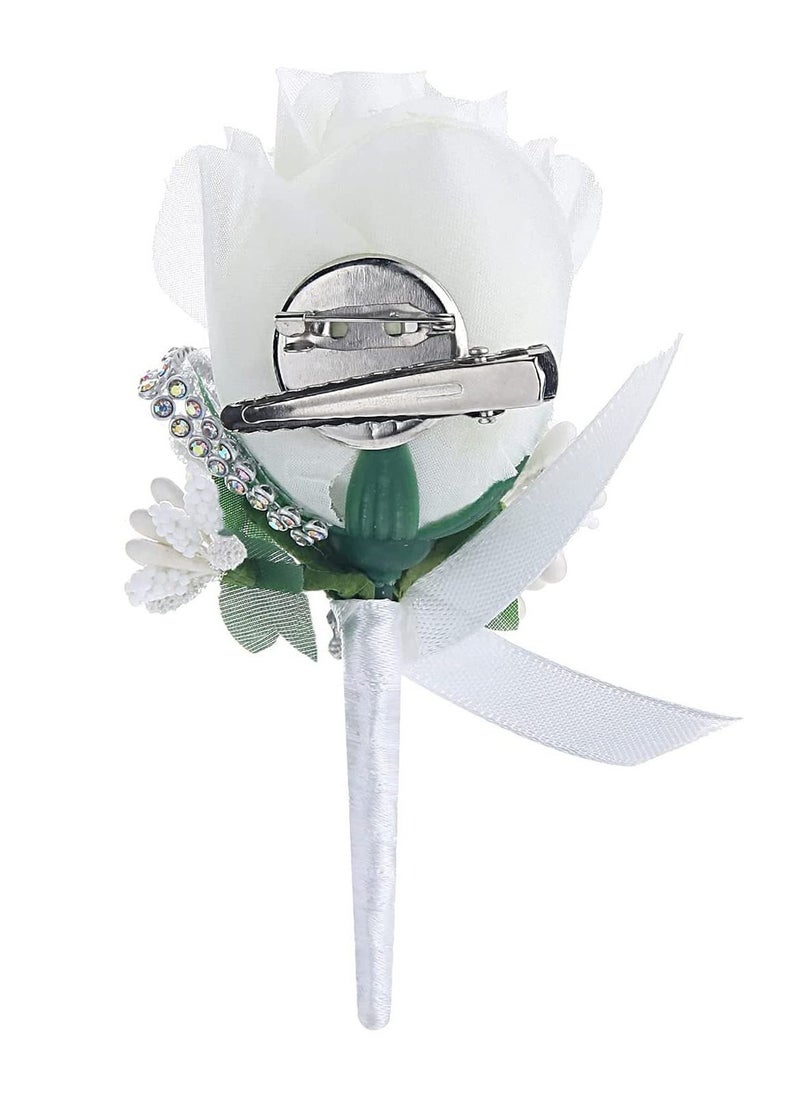SYOSI Handmade White Rose Boutonniere Corsage for Wedding, Prom, Banquet, Handmade Rose Groom Groomsman Boutonniere with Pin and Clip (4pcs, White)  - Image 5