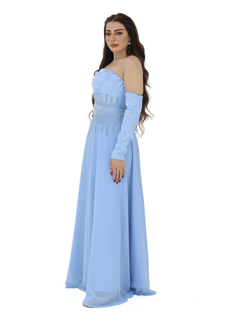 An elegant classic sky dress with distinct embroidery, separate long sleeves and hand embroidery at the waist, an elegant cuff on the chest and exposed shoulders to make the dress look more exciting a