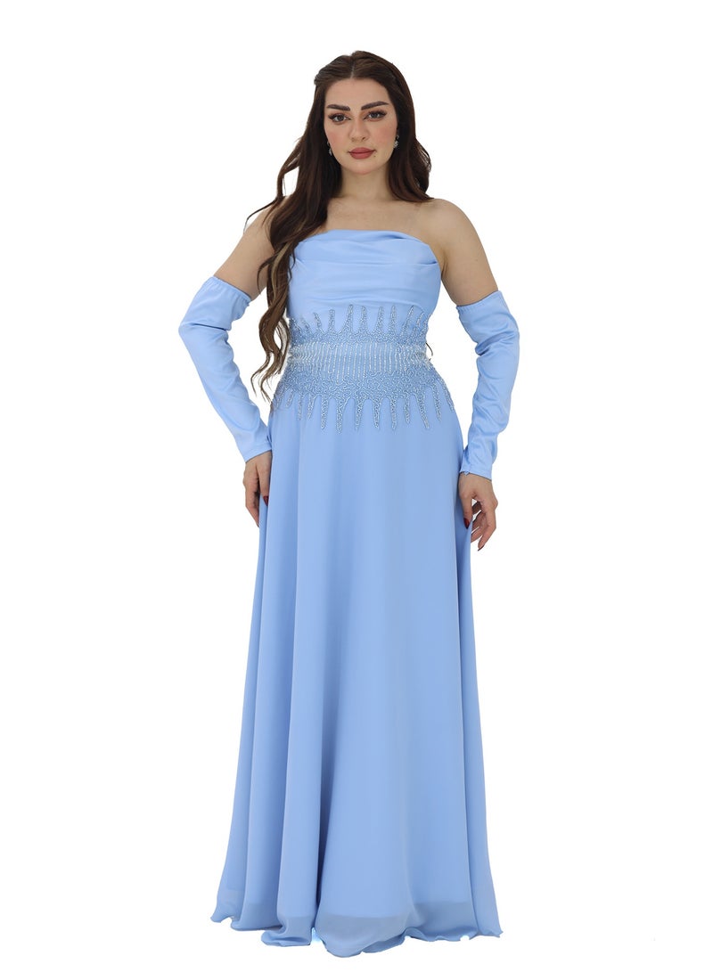 An elegant classic sky dress with distinct embroidery, separate long sleeves and hand embroidery at the waist, an elegant cuff on the chest and exposed shoulders to make the dress look more exciting a