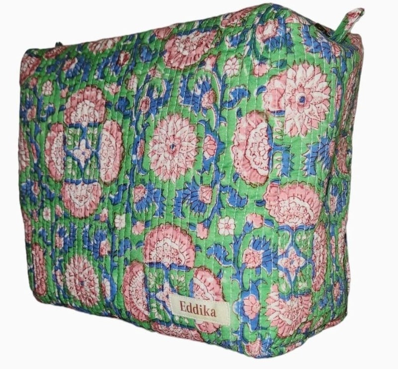 Eddika Quilted Cotton Hand Block Printed Multipurpose Extra Large Cosmetic Bags for Storage Travel Kit Makeup PouchesToiletry Baglbh 95 585inches eeltpcb02 - Image 1