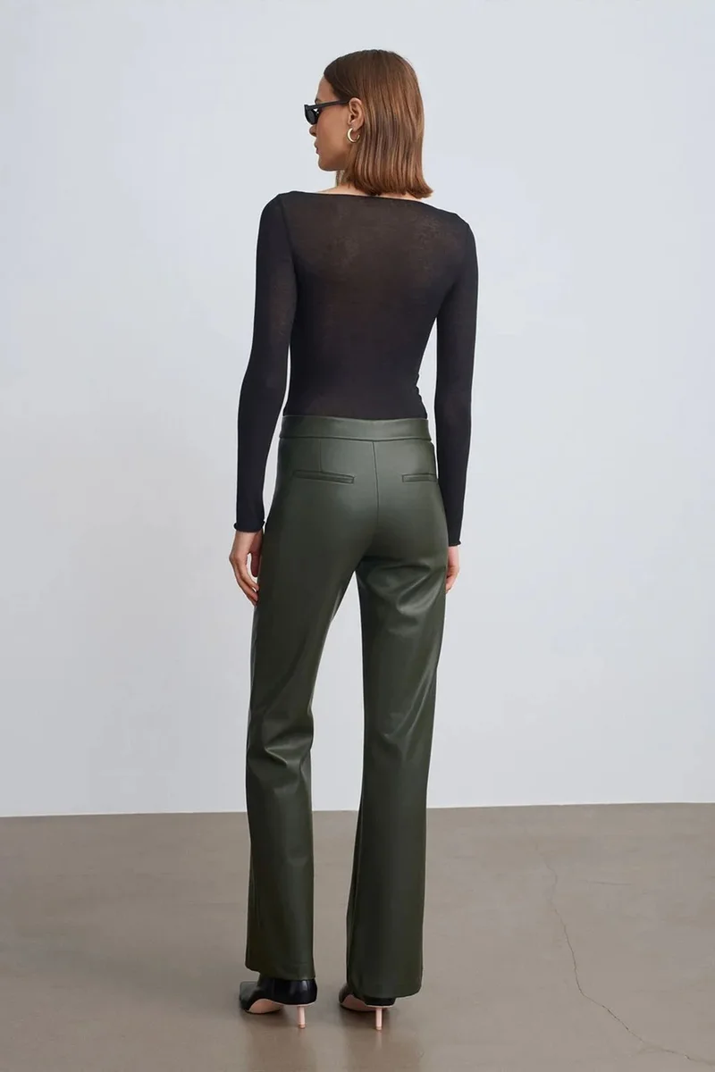 Dilvin Olive Green DILVIN Women's Faux Leather Flare Pants for Women | Best Price UAE
