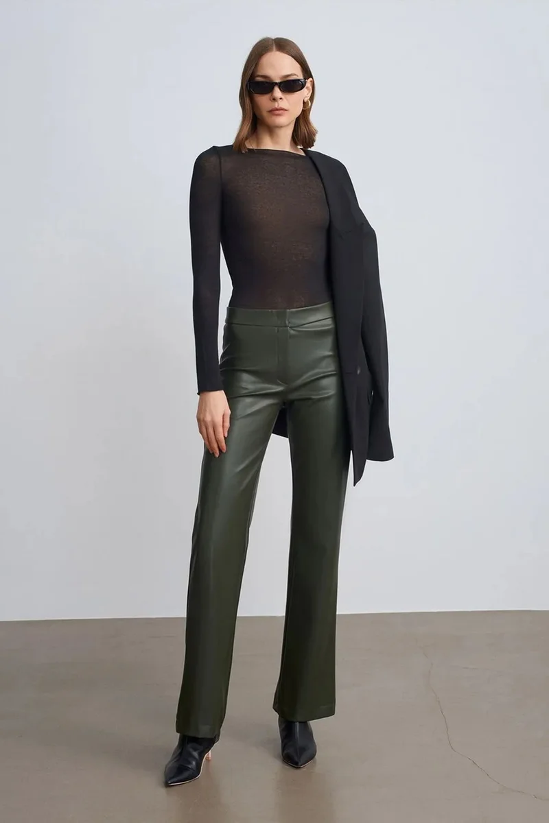 Dilvin Olive Green DILVIN Women's Faux Leather Flare Pants for Women | Best Price UAE