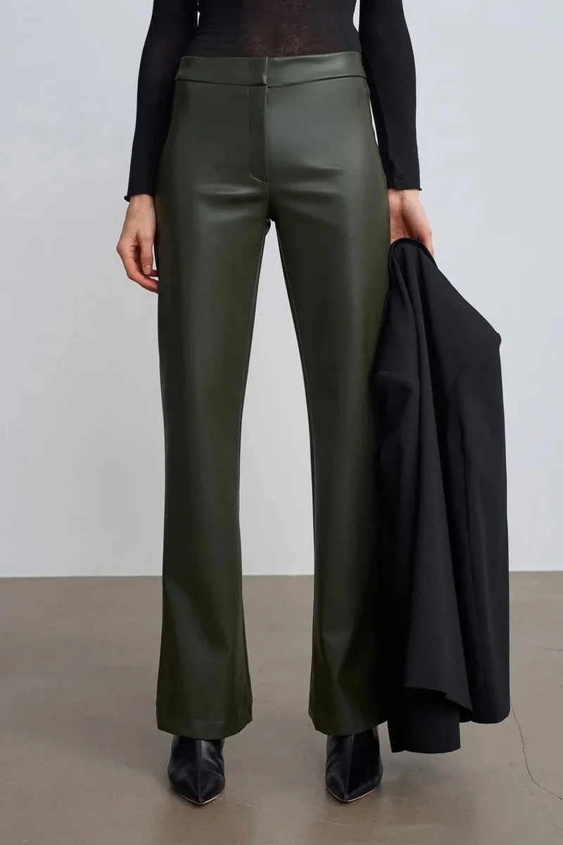 Dilvin Olive Green DILVIN Women's Faux Leather Flare Pants for Women | Best Price UAE