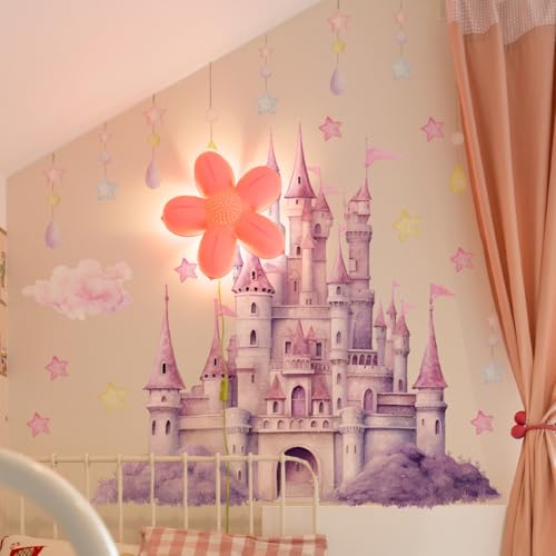 SWORNA 2 Sheets Princess Wall Decals for Girls Bedroom Purple Pink Wall Stickers & Murals Peel and Stick Vinyl Castle Wall Decor Large Removable Girls Room Art with Stars & Clouds - Image 3