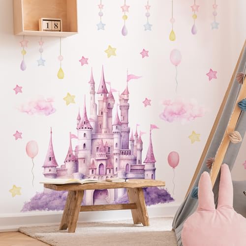 SWORNA 2 Sheets Princess Wall Decals for Girls Bedroom Purple Pink Wall Stickers & Murals Peel and Stick Vinyl Castle Wall Decor Large Removable Girls Room Art with Stars & Clouds - Image 2