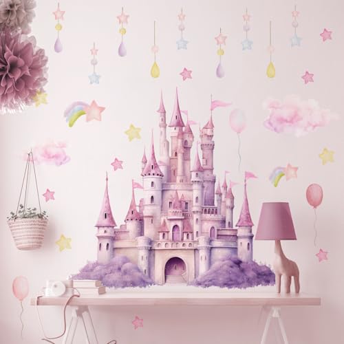 SWORNA 2 Sheets Princess Wall Decals for Girls Bedroom Purple Pink Wall Stickers & Murals Peel and Stick Vinyl Castle Wall Decor Large Removable Girls Room Art with Stars & Clouds - Image 1
