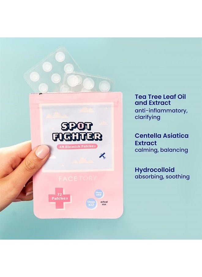 FACETORY - AM Spot Fighter Acne Blemish Patches for Pimples- Invisible Spot Treating Patch for Morning and Daytime, 72 Hydrocolloid Patches Infused with Tea Tree and Cica, 2 Sizes 10mm and 12mm - Image 1