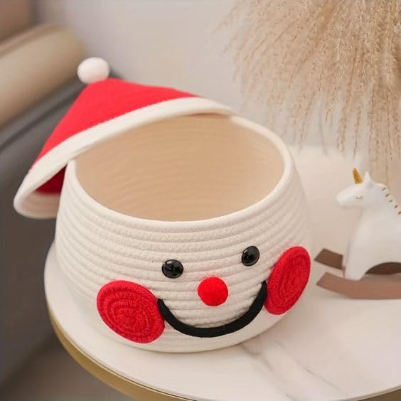 TRIVAK WITH DEVICE TRIVAK WITH DEVICE Cute Santa Handmade Jute Cotton Thread Rope Basket Woven Storage Basket with Cap Nursery Organizers and StorageKids Basket Toy Bin Baby Gift Basket Red - Image 5