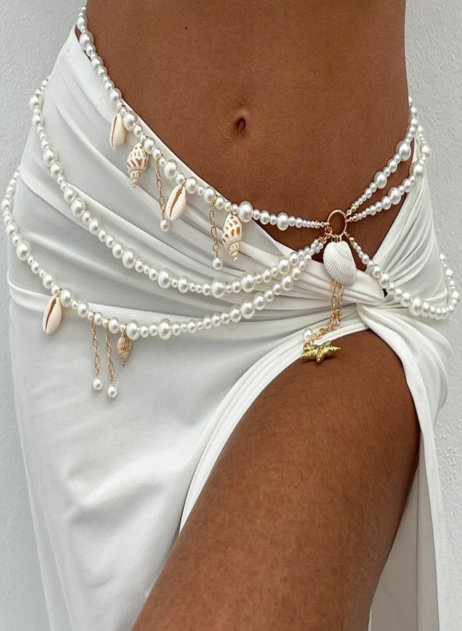 Tondiamo Pearl Belly Chain Layered Waist Body Chains Mermaid Beach Conch Starfish Bikini Belly Jewelry Fashion Beach Rave Party Club Body Accessories Jewelry for Women, 29.5-37.4 In - Image 2
