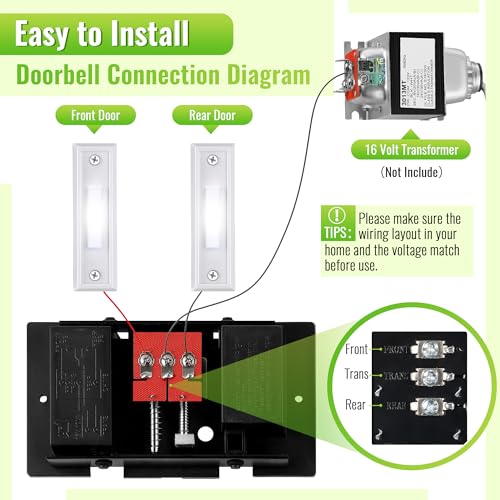 Saillong Wired Doorbell Chime Kit, 2 16V 10VA Lighted Doorbell Push Buttons with 2 Notes for Front, Rear Door and Doorbell Chime Box for Home Wall Inside, Compatible with Most Doorbells (Strip Style) - Image 5