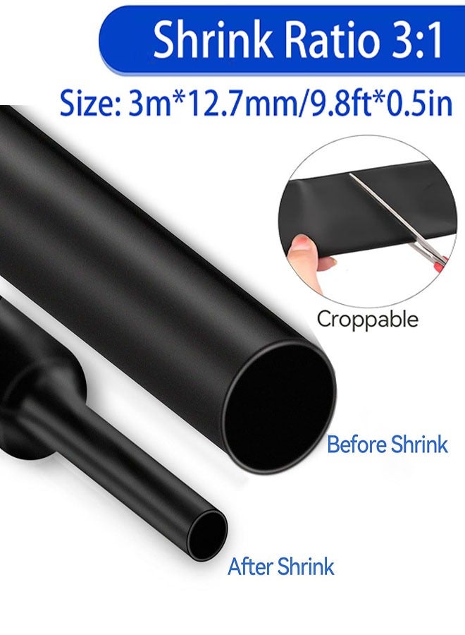 Heat Shrink Tubing, 3:1 Black Heat Shrink Tube, Dia 0.5 INCH * 10 FT Long Shrinkable Tube Cable Sleeve, Waterproof Heat Shrinkable Tube For Cable Insulation, Marking, Cable Bundling, Repair  - Image 2