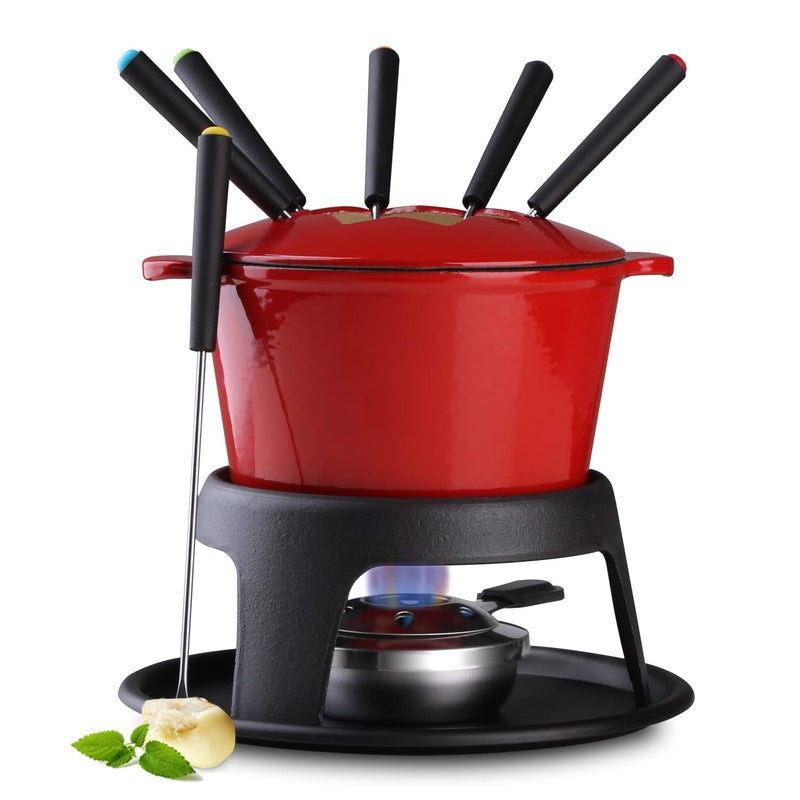 Artestia Cast Iron Fondue Pot Set for Chocolate Cheese Swiss Fondue Set for Meat with 6 Fondue Forks, Cheese Camping Fondue Set Serve 6 Persons(White) - Image 1
