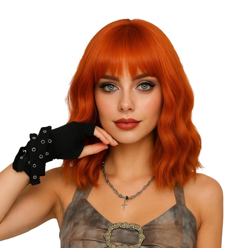 LABEAUT Ginger Orange Short Wavy Bob Wig with Air Bangs for Women Heat Resistance Shoulder Length Curled Wigs for Daily Use Cosplay and Theme Parties 14inch