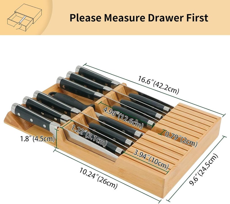Utoplike in-Drawer Knife Block Bamboo Kitchen Knife Drawer Organiser, Handle Steak Knife Holder(Without Knives),12 Knives Holder - Image 2