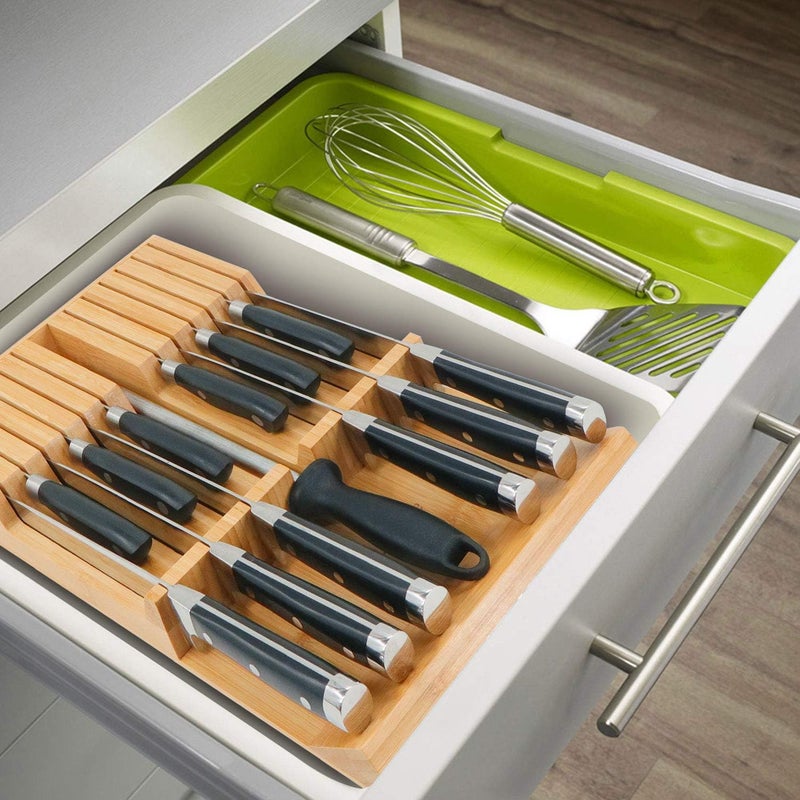 Utoplike in-Drawer Knife Block Bamboo Kitchen Knife Drawer Organiser, Handle Steak Knife Holder(Without Knives),12 Knives Holder - Image 5