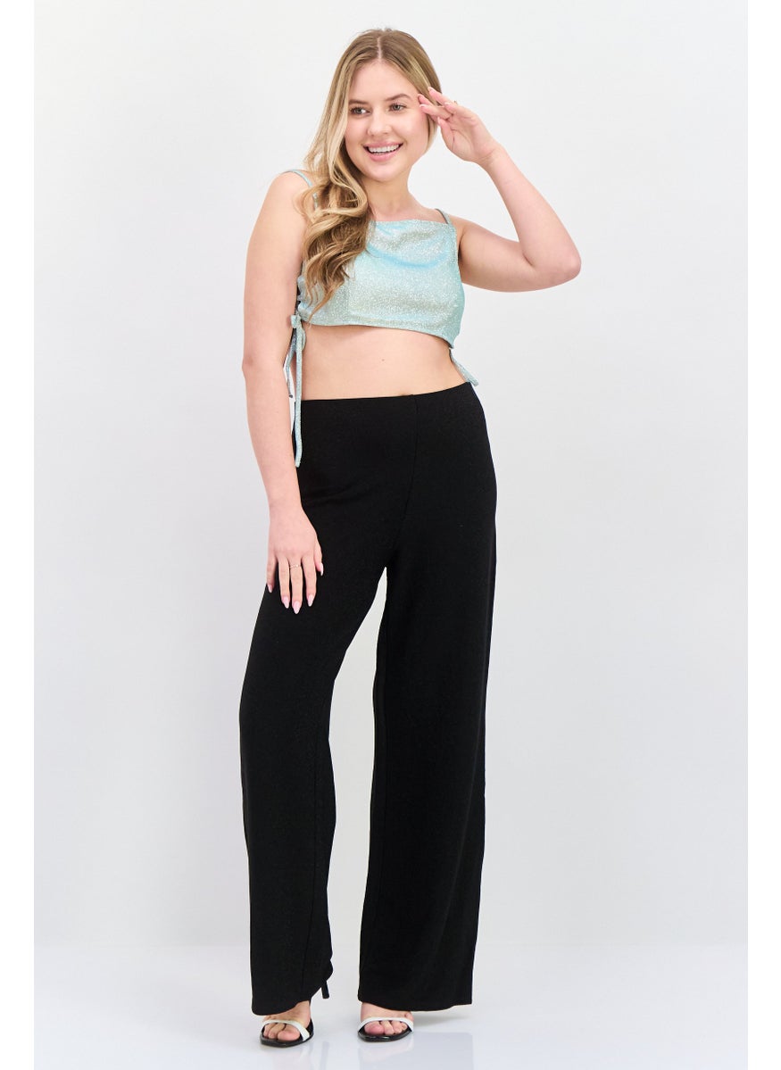 Black Tape - Women Regular Fit Wide Leg Metallic Pants, Black - Image 1