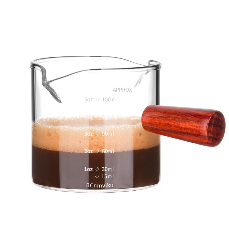 BCnmviku BCnmviku Double Spouts 150ML 5OZ Measuring Triple Pitcher Milk Cup with Wood Handle Espresso Shot Glasses Parts Clear Glass 1 