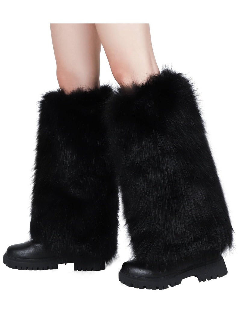 LA CARRIE Women Faux Fur Leg Warmers Long Furry Leg Foot Cuffs Girls Winter Boot Socks(Black) - Image 3