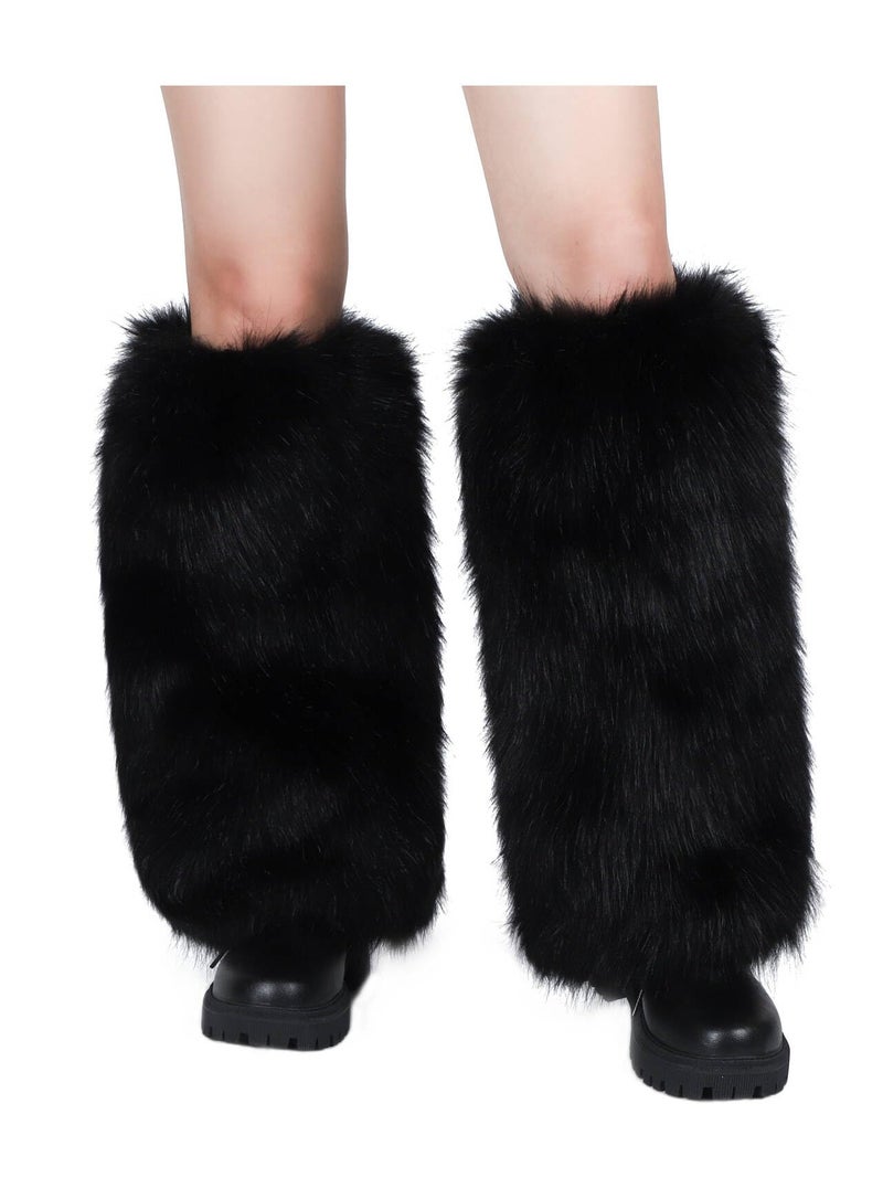LA CARRIE Women Faux Fur Leg Warmers Long Furry Leg Foot Cuffs Girls Winter Boot Socks(Black) - Image 1