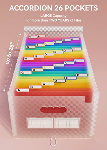 ABC life 26 Pockets Accordion File Organizer, Expanding File Folder, Portable Monthly Paper Bill Tax Receipt Organizer, Letter A4 Size Document Organizer with Labels - Pink - Image 2