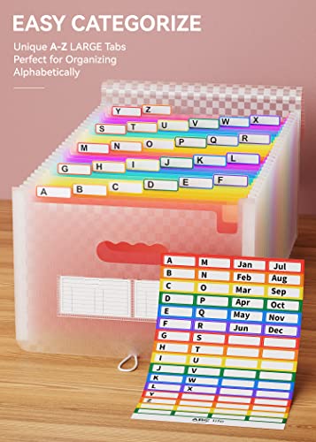 ABC life 26 Pockets Accordion File Organizer, Expanding File Folder, Portable Monthly Paper Bill Tax Receipt Organizer, Letter A4 Size Document Organizer with Labels - Pink - Image 4