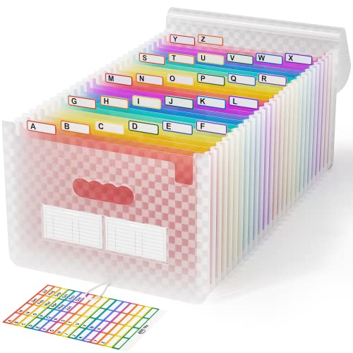 ABC life 26 Pockets Accordion File Organizer, Expanding File Folder, Portable Monthly Paper Bill Tax Receipt Organizer, Letter A4 Size Document Organizer with Labels - Pink - Image 1