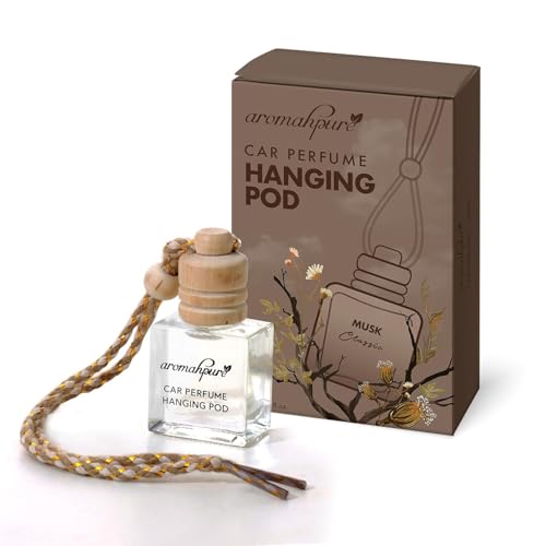 Aromahpure Premium Car Perfume Hanging Pod |10 ML | Classic Musk Fragrance Car Air Freshener | Natural Essential Fragrance Oils in Glass Bottle with Wooden Diffuser Lid | Long Lasting upto 30 days - Image 1