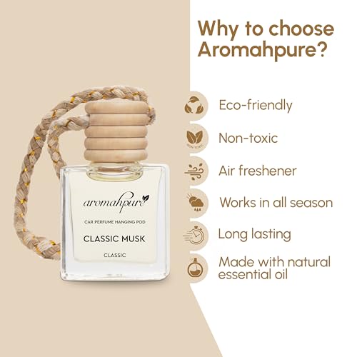 Aromahpure Premium Car Perfume Hanging Pod |10 ML | Classic Musk Fragrance Car Air Freshener | Natural Essential Fragrance Oils in Glass Bottle with Wooden Diffuser Lid | Long Lasting upto 30 days - Image 3