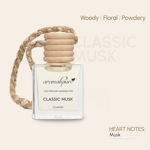 Aromahpure Premium Car Perfume Hanging Pod |10 ML | Classic Musk Fragrance Car Air Freshener | Natural Essential Fragrance Oils in Glass Bottle with Wooden Diffuser Lid | Long Lasting upto 30 days - Image 4