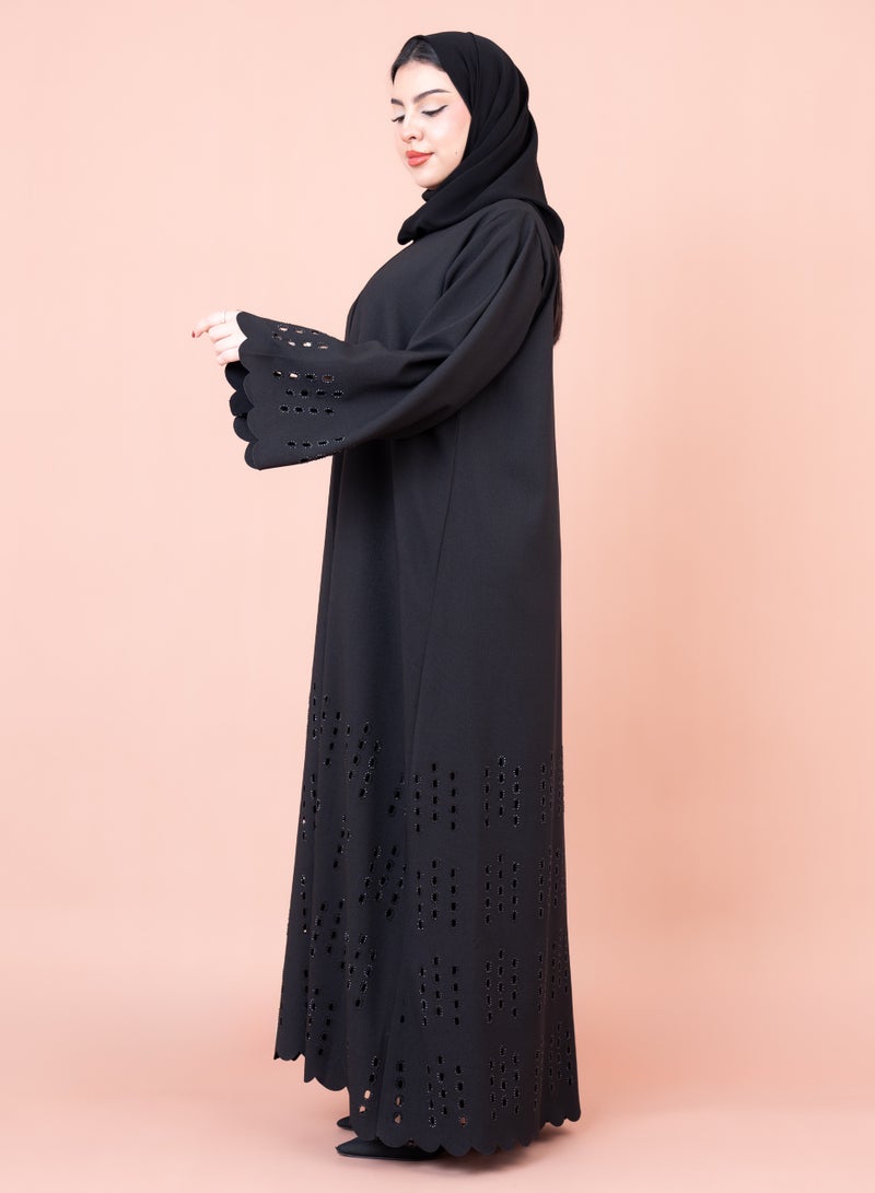 IKKXA Luxury Beadwork Open Abaya AIK12 Black - Image 3