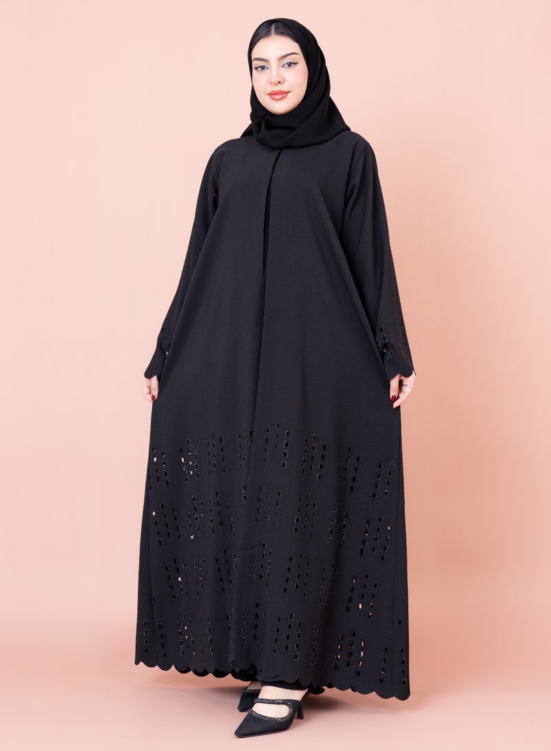 IKKXA Luxury Beadwork Open Abaya AIK12 Black - Image 1