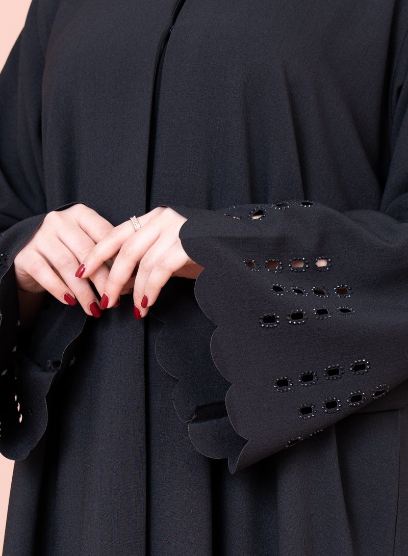 IKKXA Luxury Beadwork Open Abaya AIK12 Black - Image 2