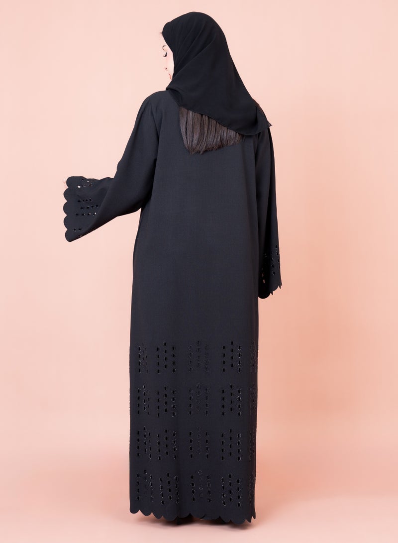 IKKXA Luxury Beadwork Open Abaya AIK12 Black - Image 4