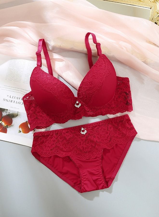 Solid Color B C Cup Thin Cup Lace Bra Panty Set Women's Underwear Set Red