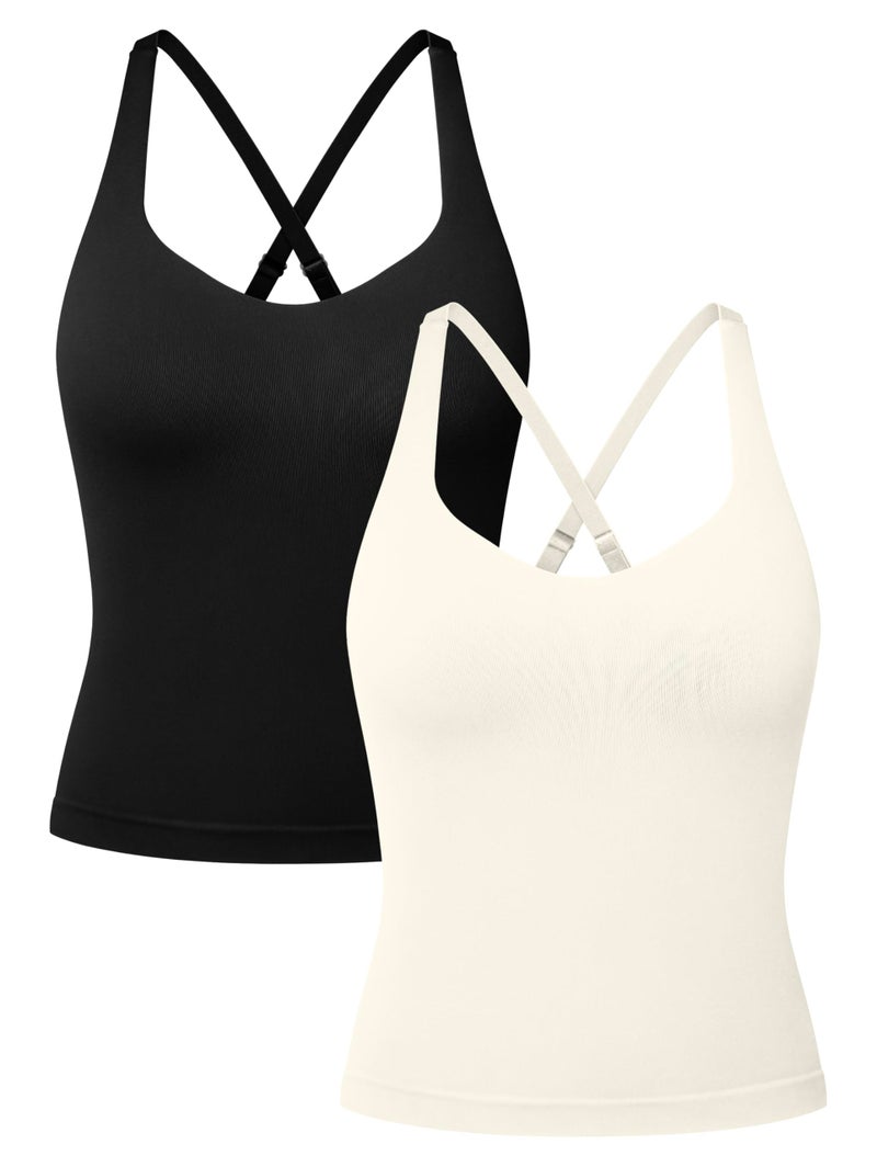 OQQ V Neck Cross Back Sports Bra for Women Padded Adjustable Straps Medium Impact Gym Workout Tank Top 2 Pack Black Beige - Image 1
