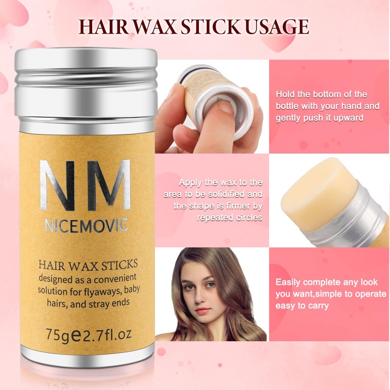 NICEMOVIC Hair Wax Stick Set for Flyaways Stocking Stuffers for Women Kids Christmas/Birthday Gifts Hair Accessories for Women Girls Teen Girls Trendy Stuff, Hairs Slick Stick Styling Tools Baby Hairs Gel Pink - Image 3