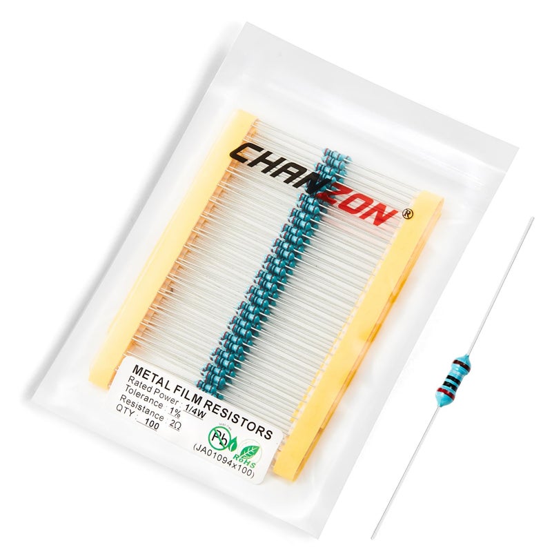 CHANZON 100 قطعة 1/4 واط (0.25 واط) 2Ω أوم مقاومة ثابتة من فيلم معدني 0.01 ±1% تحمل 2 ر مقاومات عبر الفتحة معتمدة من روهس - Image 1
