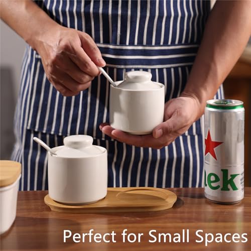 ONTUBE Ceramic Sugar Bowl with Lid and Spoon Set of 2,Porcelain Seasoning Box Salt Bowl with Tray,8oz (White) - Image 3