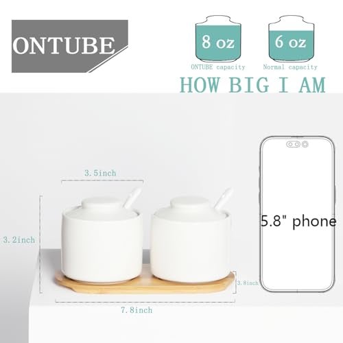 ONTUBE Ceramic Sugar Bowl with Lid and Spoon Set of 2,Porcelain Seasoning Box Salt Bowl with Tray,8oz (White) - Image 2