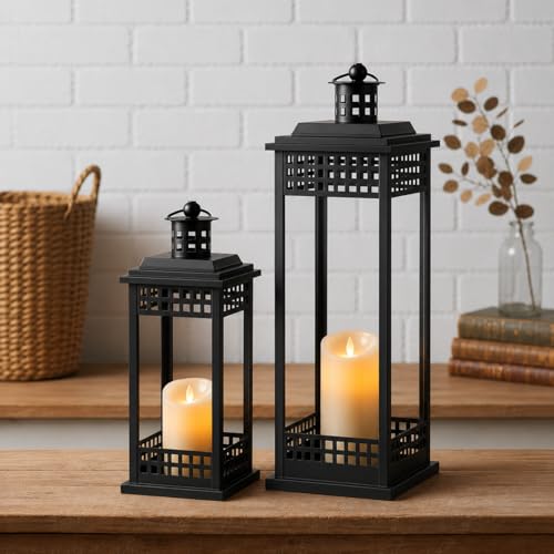 Lanttu Vintage Lanterns Decorative Indoor Outdoor, 17'' 11'' Set of 2 Black Candle Lantern Decor, Outdoor Lanterns for Porch Retro Living Room, Mantel, Patio, Garden, Balcony, Wedding Tabletop Lantern - Image 1