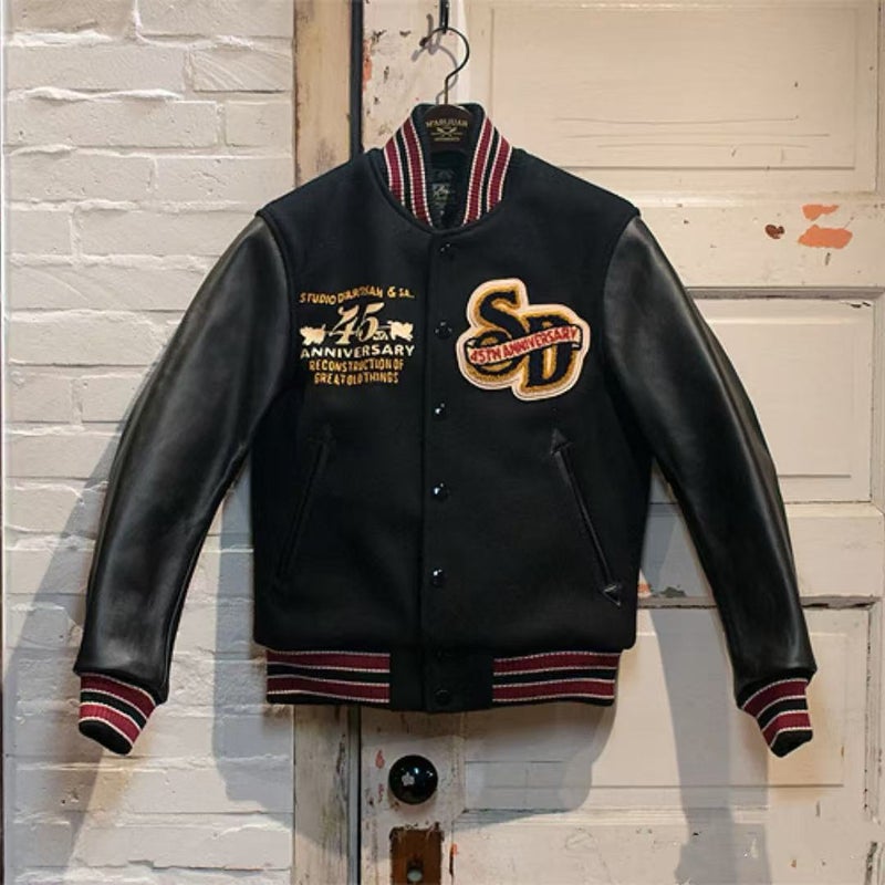 Trendy Brand Ac Milan Heavy Craft Embroidery Patchwork Leather Sleeve Off Versatile Baseball Jacket Coat - Image 1