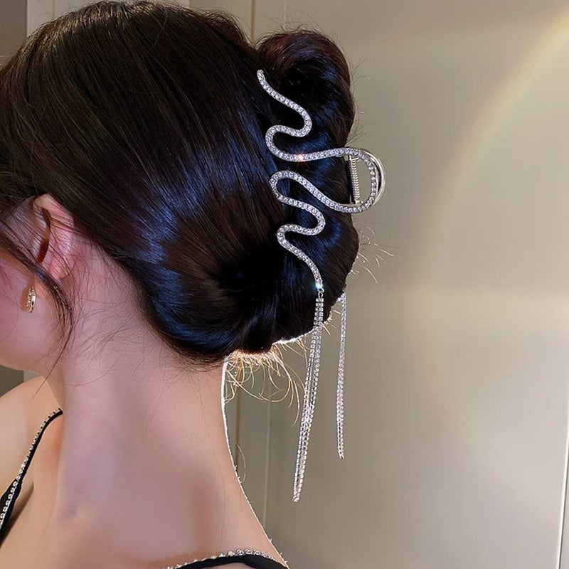 Jumwrit Large Rhinestone Hair Clip  Strong Metal Wave Clip With Long Tassel Chain and NonSlip Clamp for Thick Hair Silver