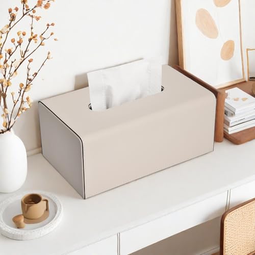 KINGFOM Tissue Box Cover, PU Leather Rectangular Tissue Box Holder with Magnetic Bottom Cover for Facial Tissues/Napkins, Office & Living Room Decor Box for Standard 120-count (3-Ply) 160-count (2-Ply) Beige - Image 5