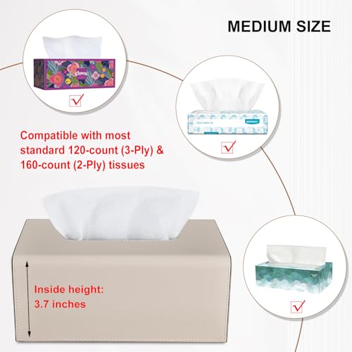 KINGFOM Tissue Box Cover, PU Leather Rectangular Tissue Box Holder with Magnetic Bottom Cover for Facial Tissues/Napkins, Office & Living Room Decor Box for Standard 120-count (3-Ply) 160-count (2-Ply) Beige - Image 3