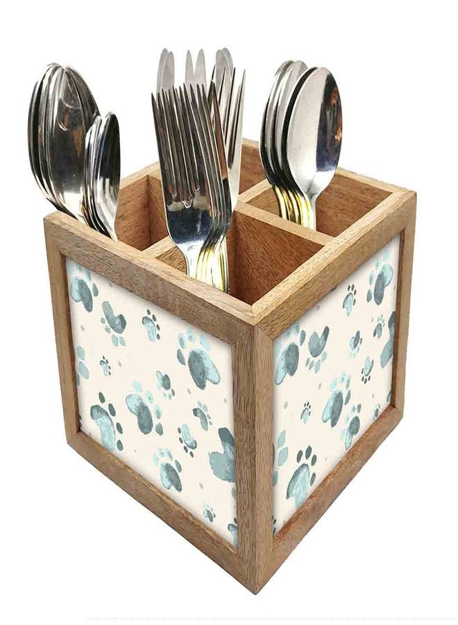 Nutcase Wooden Cutlery Stand Holder Silverware Caddy Spoons Forks Knives Organizer for Dining Table & Kitchen -Made in India-Spoons NOT Included - Paw Tattos - Image 1