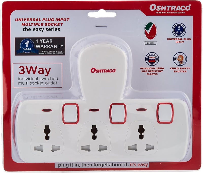 OSHTRACO 3 WAY Universal Plug Input Switched T-Shaped Adaptor with Wall Separating Screws. Ideal for use in Household and Offices - Image 1