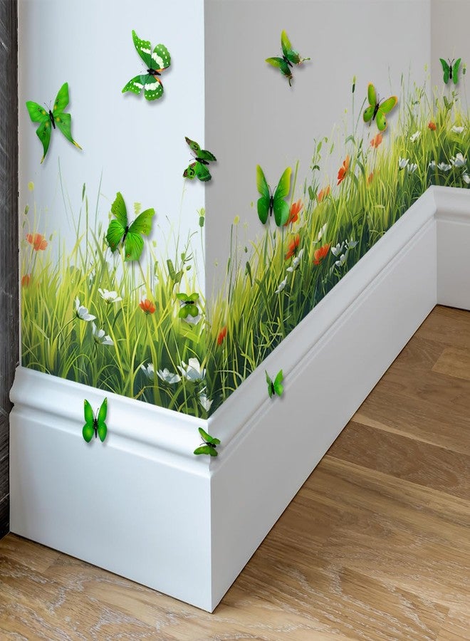 Mirabuy Green Plant Grass Wall Corner Decals Flowers with 3D Butterflies Base Board Skirting Line Wall Stickers for Staircase Living Room Kitchen Bedroom - Image 1